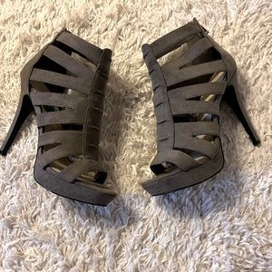 Gray suede strappy boots